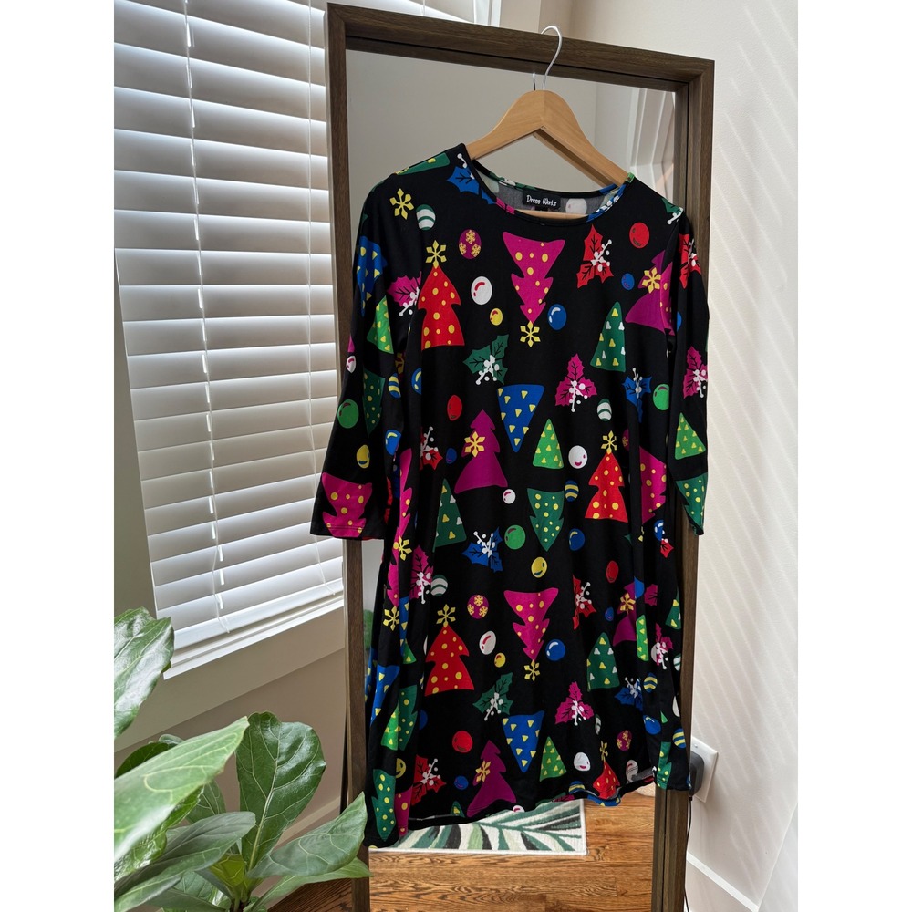 Dress‎ Works Black Christmas Tree Print 3/4 Sleeve Holiday Dress Small